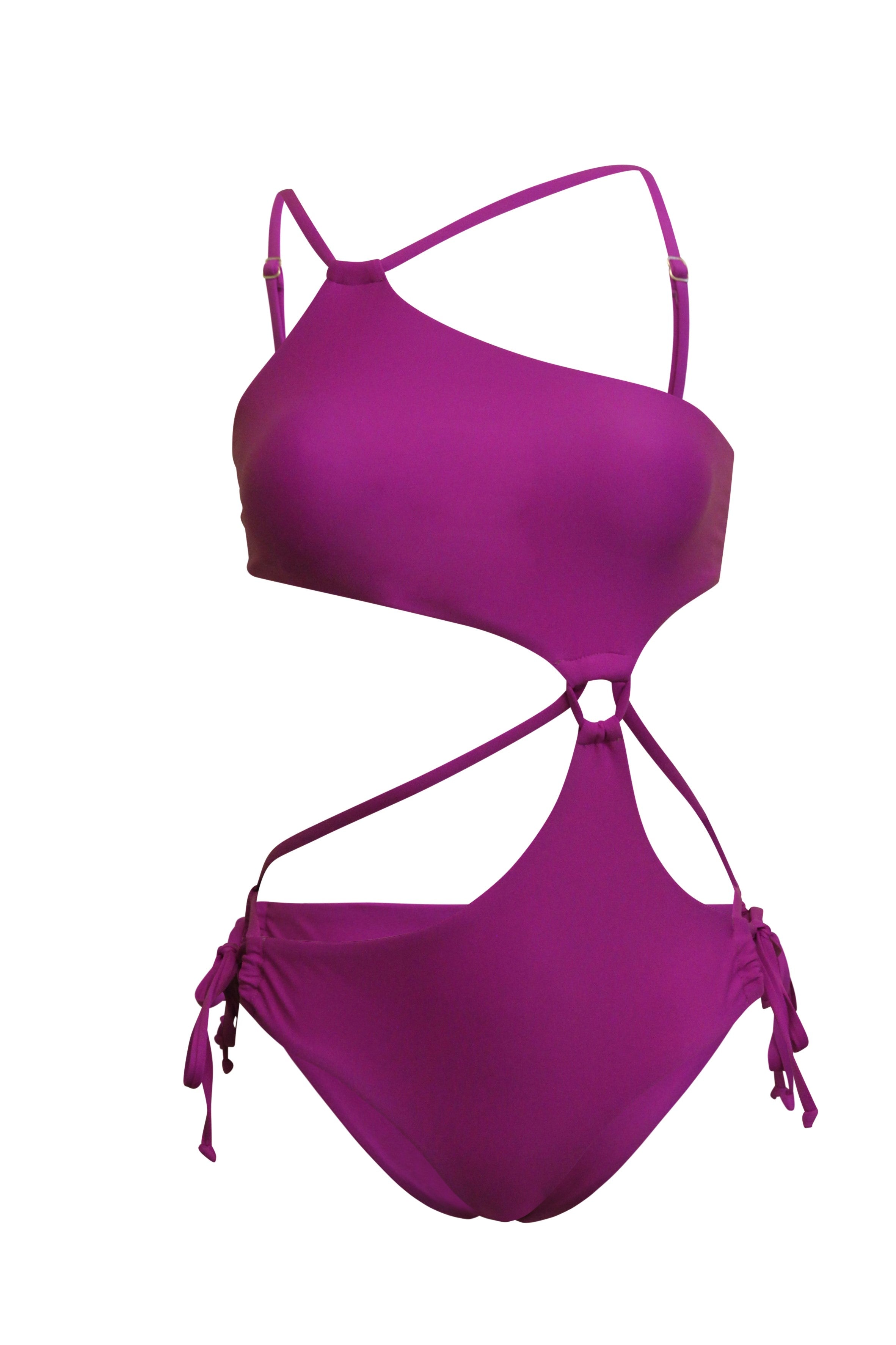 Asymmetrical cutout swimsuit, front view, adjustable spaghetti straps, seamless edges, eco-friendly ECONYL material, dig-free, adjustable side ties. Piece in color purple.