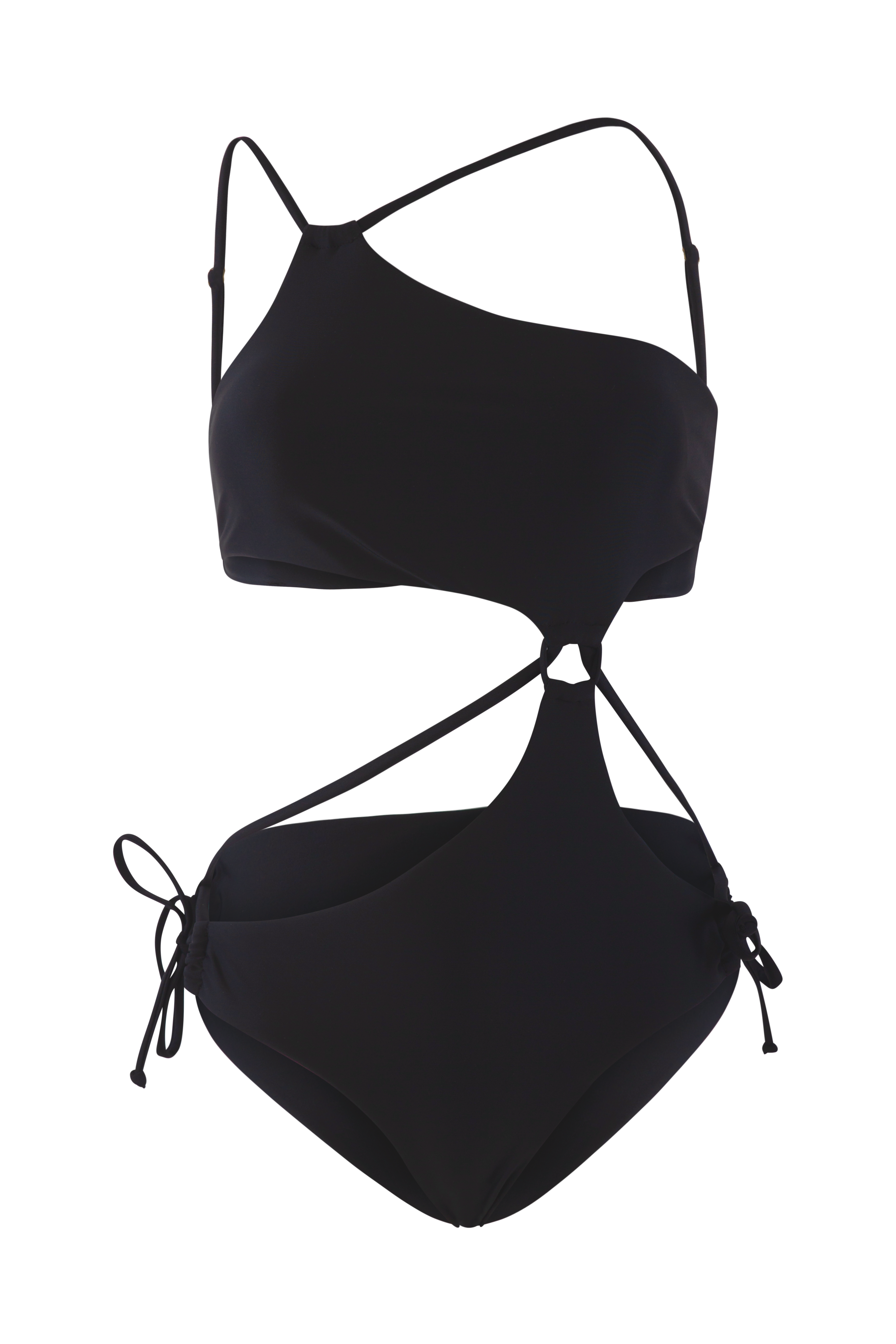 Asymmetrical cutout swimsuit, front view, adjustable spaghetti straps, seamless edges, eco-friendly ECONYL material, dig-free, adjustable side ties