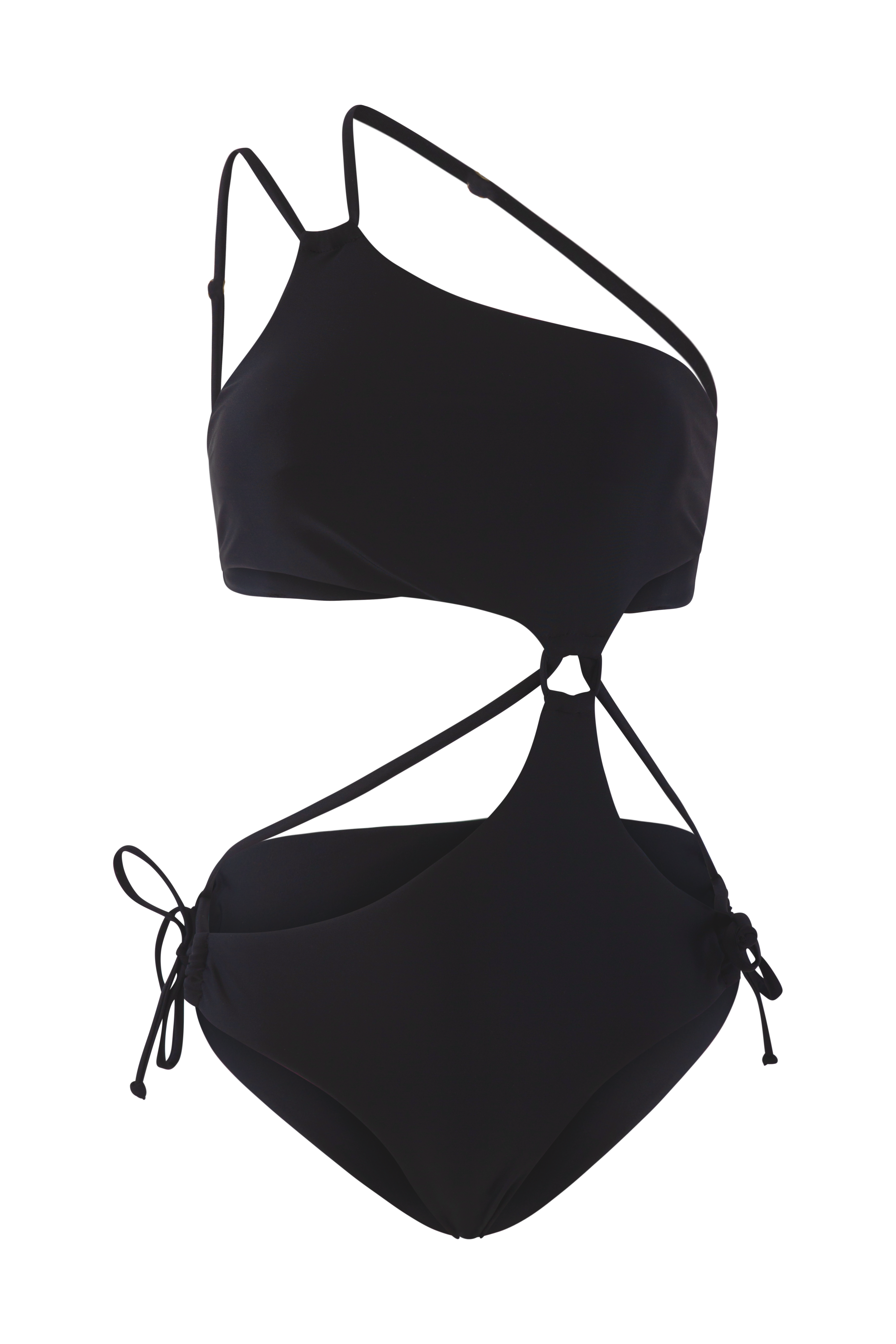 Asymmetrical cutout swimsuit, front view, adjustable spaghetti straps, seamless edges, eco-friendly ECONYL material, dig-free, adjustable side ties