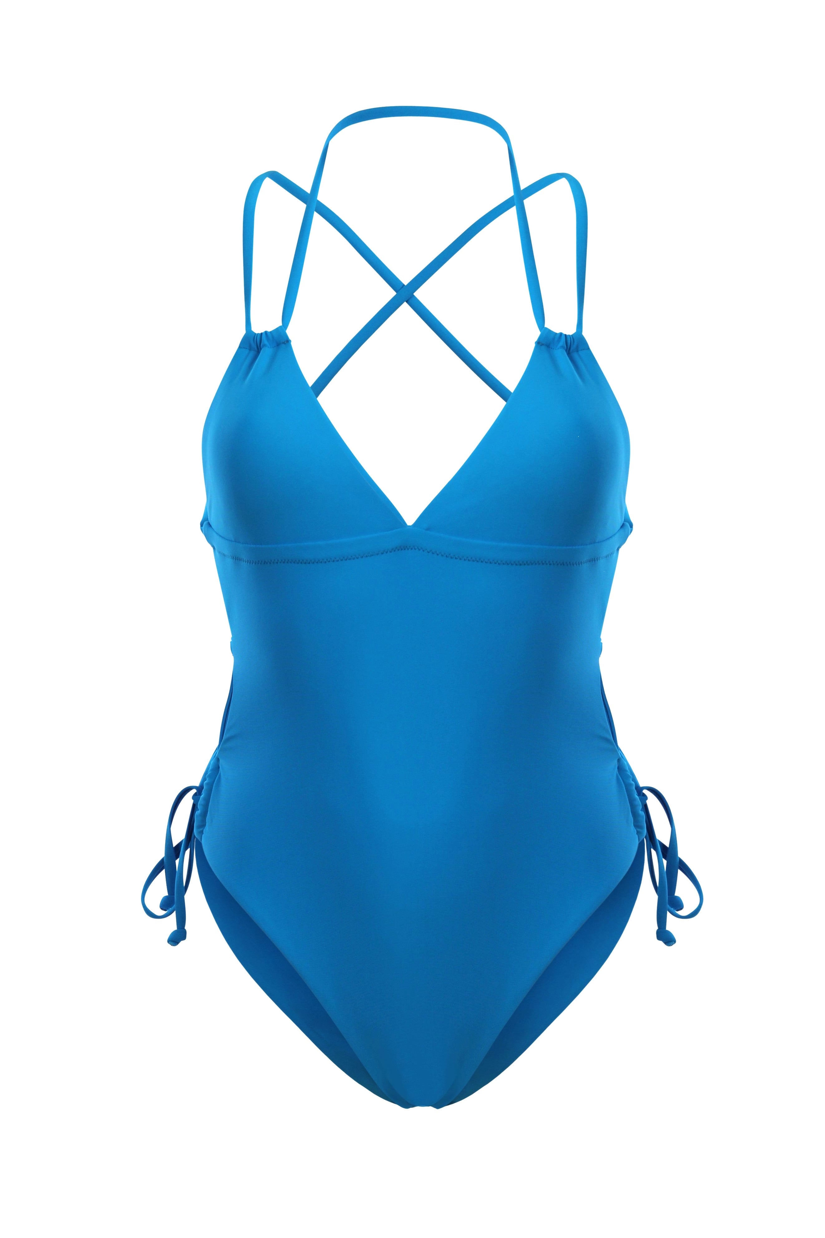 ESAMY The Twist Criss-Cross One-Piece Swimsuit in Azul - Light Blue Flat Lay with V-Neckline, Criss-Cross Back String Ties and Dig-Free Side Ties