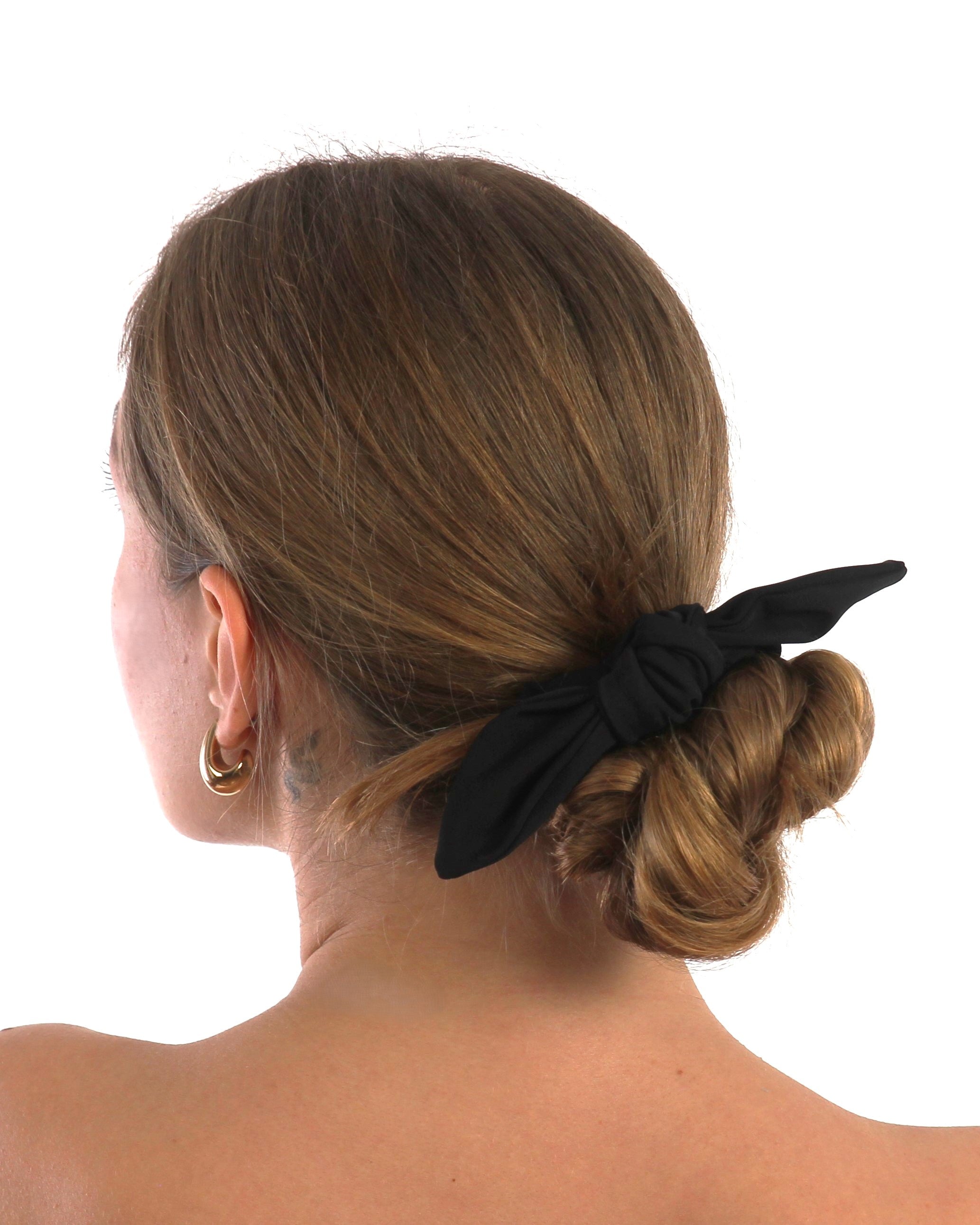 ESAMY Scrunchie Matching Swimwear in Black - Back View Worn as Bun with Bow