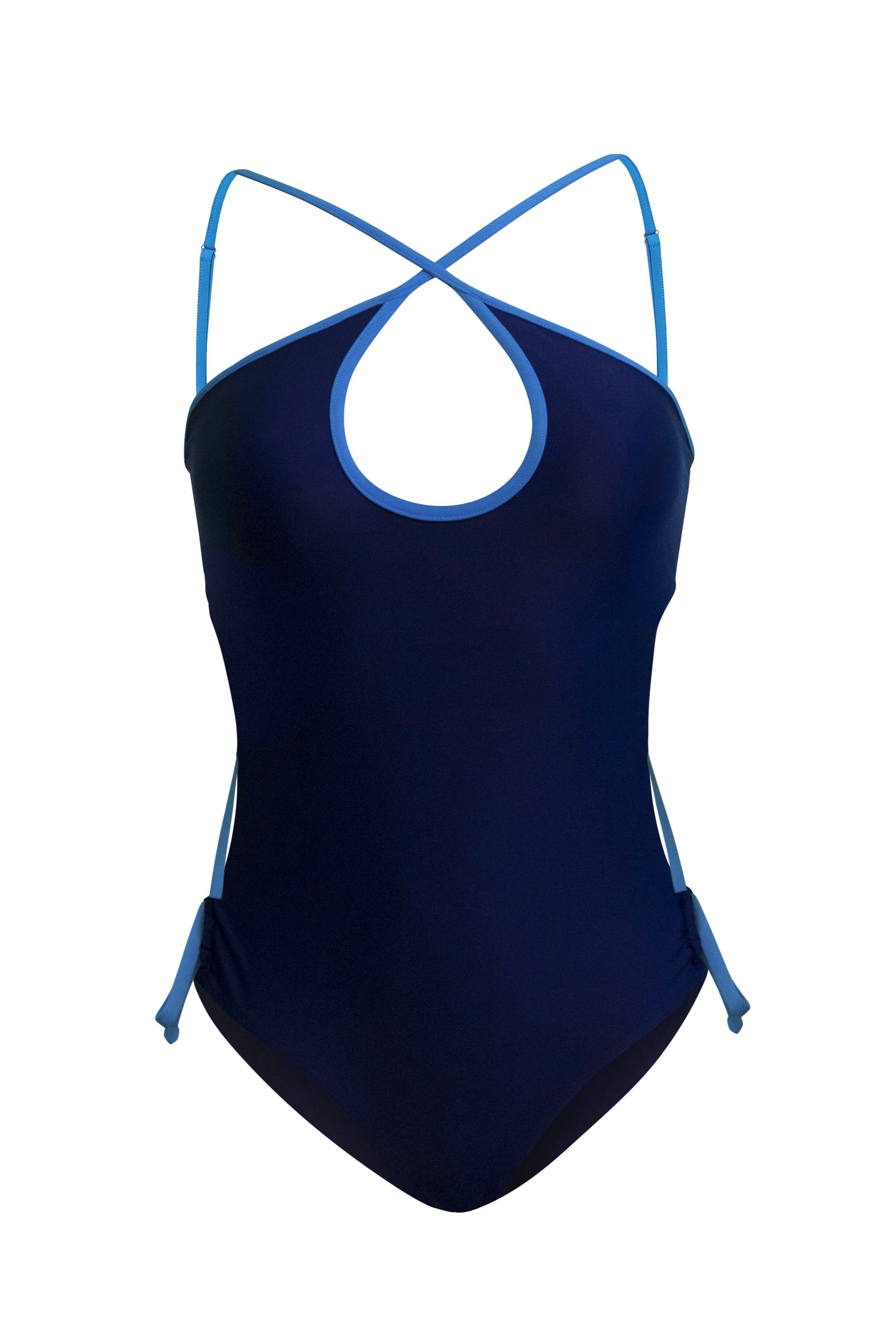 ESAMY The Flex Contrast Trim One-Piece Swimsuit in Madrugada - Navy Blue Flat Lay with Contrast Trim, Criss-Cross Back String Ties and Dig-Free Side Ties