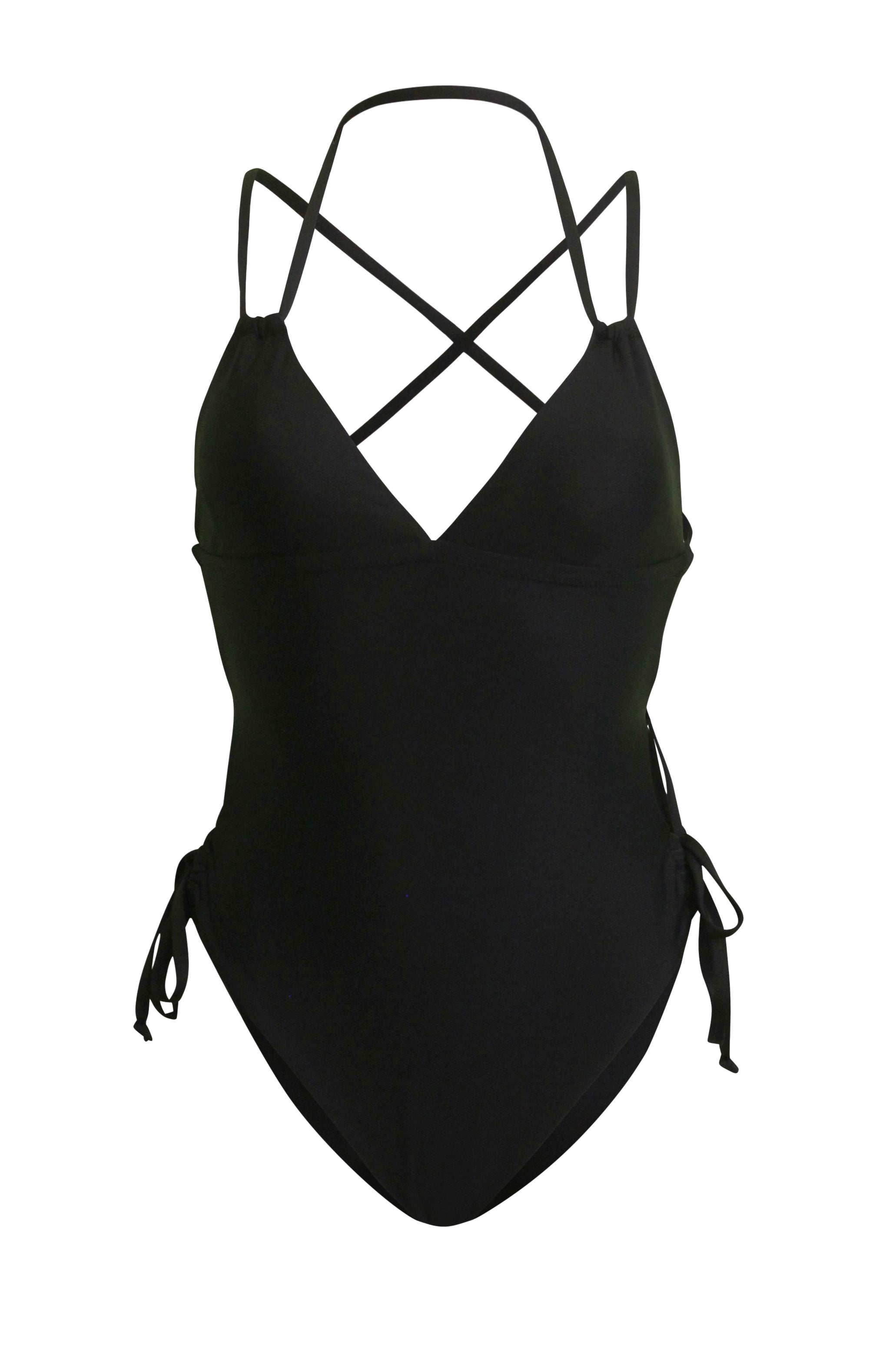 ESAMY The Twist Criss-Cross One-Piece Swimsuit in Black - Flat Lay with V-Neckline, Criss-Cross Back String Ties and Dig-Free Side Ties