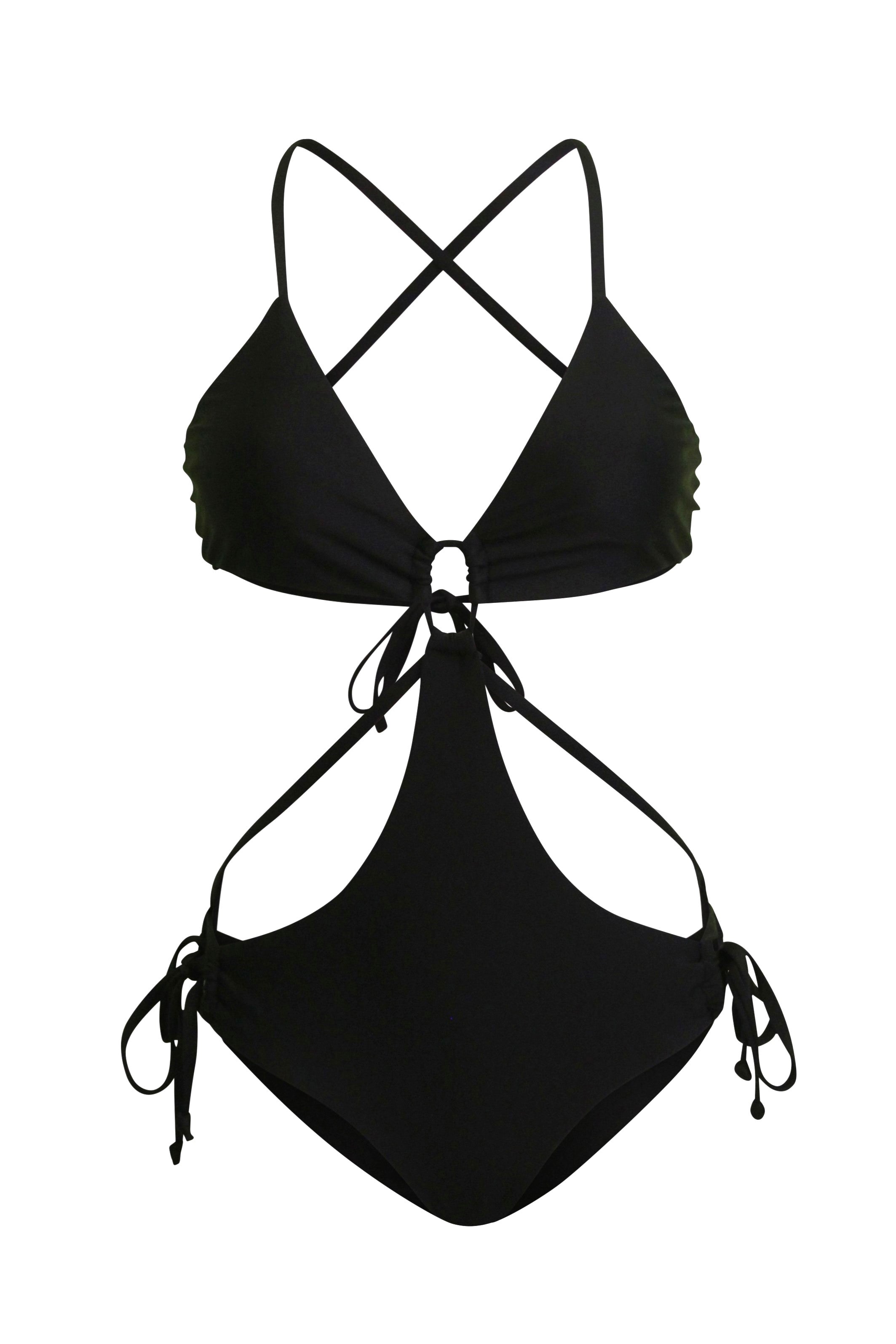ESAMY The Vibe Cutout One-Piece Swimsuit in Black - Flat Lay with Cross-Back String Ties, Ring Detail and Side String Ties