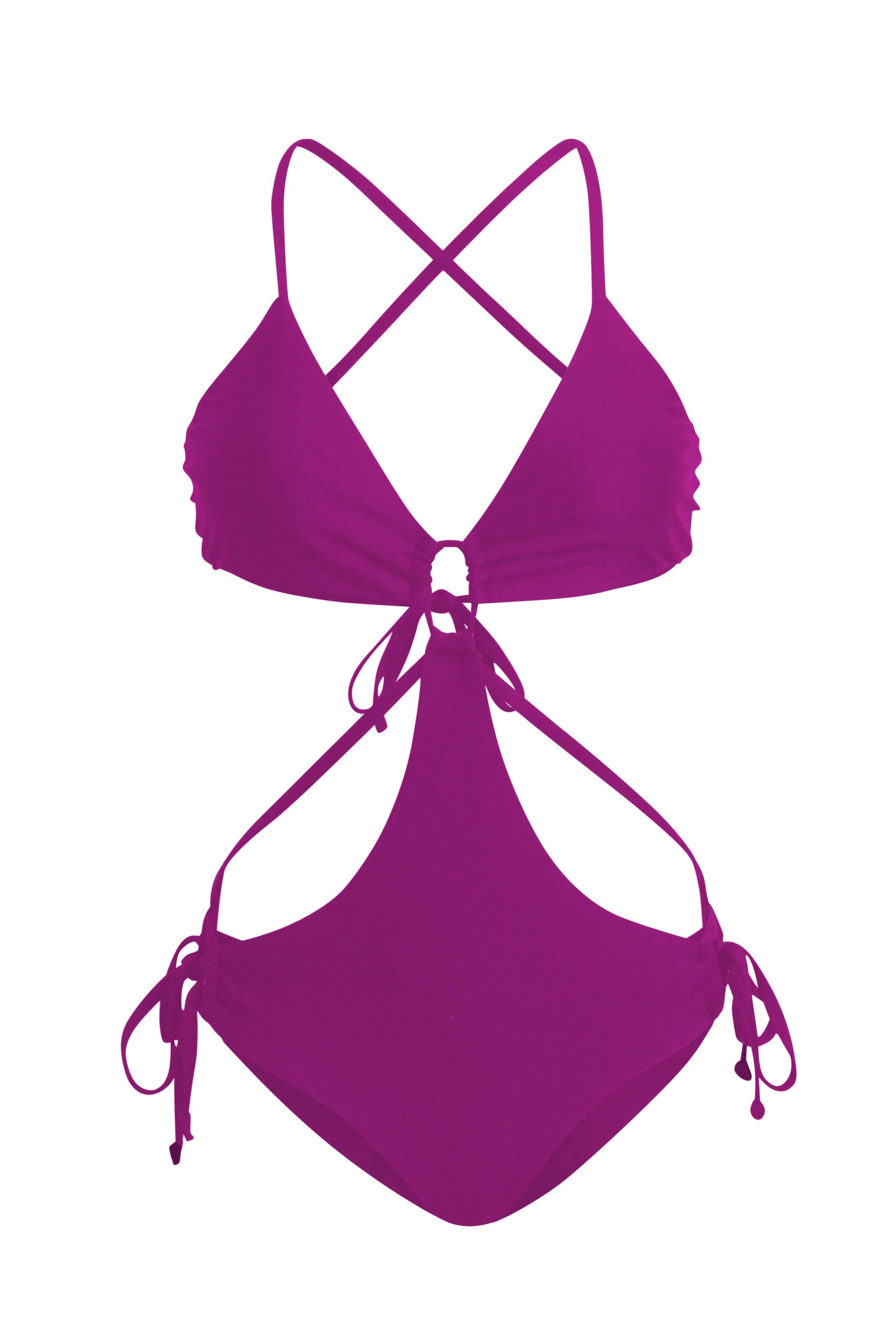 ESAMY The Vibe Cutout One-Piece Swimsuit in Unicorn - Pink Flat Lay with Cross-Back String Ties, Ring Detail and Dig-Free Side Ties